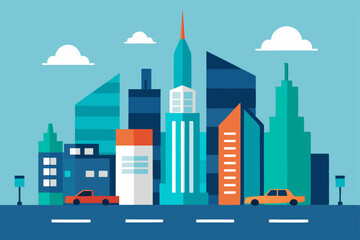 Urban vector illustration of a city landscape with buildings, houses, and trees, depicting a vibrant town skyline