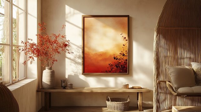 Boho-chic living room with a brown mock-up poster frame, elegant accessories, flowers in a vase, wooden shelf, and a hanging rattan hut, creating a relaxed, eclectic vibe.