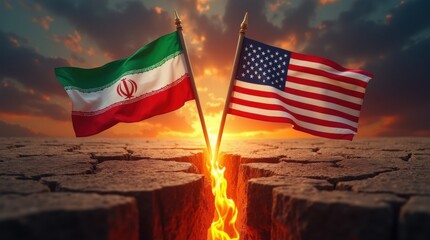The flags of the US and Iran wave across a flaming crack in the earth, representing hostile relations and symbolic geopolitical confrontation
