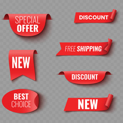 Set of Red Sale and Promotion Ribbons and Banners .Vector