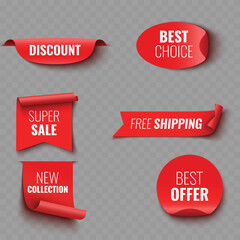 Set of Red Sale and Promotion Ribbons and Banners .Vector