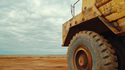 A yellow dump truck of considerable size is parked on terrain composed of rocks under a sky with a storm