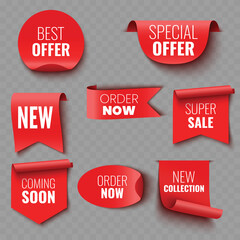 Set of Red Sale and Promotion Ribbons and Banners .Vector