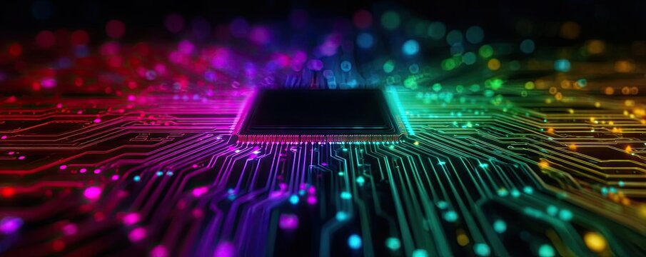 Programmable chip for atomic and compact logic concept. Close-up view of a colorful microchip and circuit board.