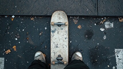 Skateboarder's perspective on urban streets, worn skateboard and gritty pavement