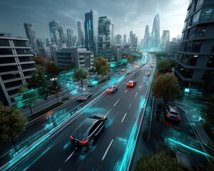 Futuristic city highway with connected cars