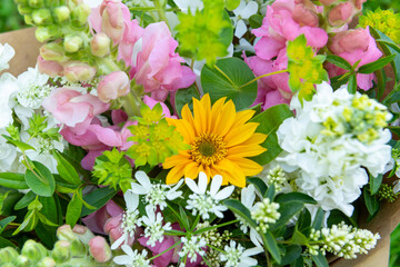 Bouquet made of mixed spring flowers. Beautiful pastel colored fresh flowers arrangement. Birthday...