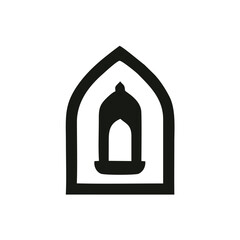 Traditional Lantern Inside Pointed Arch Logo — Minimalist Black Vector Symbol, A bold black vector logo featuring a traditional lantern silhouette centered within a pointed architectural arch. The lan