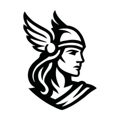 Stylized Winged Knight Helmet Logo — Monochrome Medieval Emblem,A bold black-and-white vector logo featuring a highly stylized knight helmet with flowing lines and a unique wing element on one side. T
