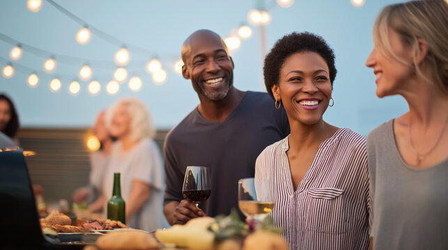 Smiling friends enjoying outdoor barbecue party with drinks and food under festive lights. Evening gathering with laughter, connection, and joyful summer atmosphere.