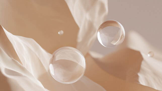 Hydration concept with floating glass-like bubbles and soft fabric textures in warm neutral tones. Symbol of water balance, calmness, skincare, minimal elegance, wellness mood.
