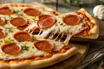 Delicious Pepperoni Pizza Slice with Melted Cheese, Rustic Setting