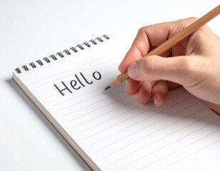 Hand Writing "Hello" in a Spiral Notebook with a Pencil on white background 