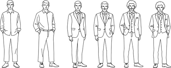 Male fashion line drawing, formal and casual outfit illustration, stylish men suit sketch, professional business attire concept, modern wardrobe design for fashion industry