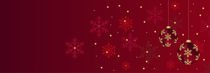 Beautiful christmas balls banner with text space,Christmas snow red background,Christmas snow vector background. Falling snowflakes transparent decoration. New Year Holidays greeting card backdrop.