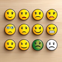 Fototapeta premium Twelve Yellow Emoticon Buttons Showing Various Facial Expressions on Wooden Surface