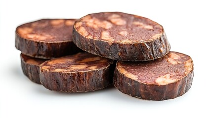 Andouille smoked sausage slices showing fine texture, isolated on white, representing quality deli meats.