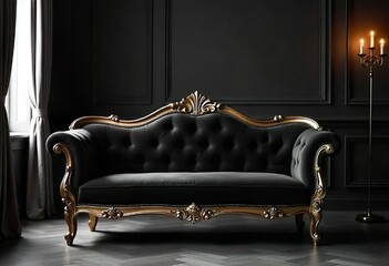 Ornate black and gold sofa with lace drapes in an elegant room, pastel colors, soft morning light filtering through sheer curtains