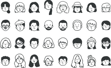 Cute Face Icon Set, Cartoon Avatar Pack, Headshot Doodle Faces, Hand Drawn Vector Collection, Transparent Background