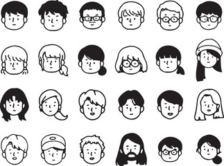 Diverse Female and Male Avatars, Cartoon Face Pack, Headshot Character Icons, Vector Line Art, Transparent Background