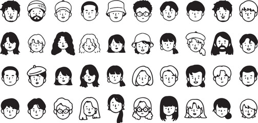 Diverse Male Avatars, Cartoon Faces Collection, Hand Drawn Vector, Line Art Characters, Transparent Background