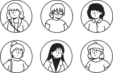 Profile Avatar Doodle Set with Boys and Girls in Circles, Hand Drawn Cartoon Icons, Black and White Vector, Transparent Background