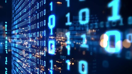 Abstract digital data stream with glowing binary code flowing through a futuristic cityscape background - Powered by Adobe