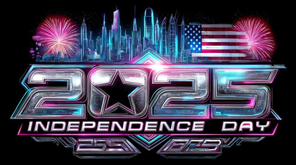 Holographic banner with happy Independence day 2025 greeting on black background. Patriotic decor, lettering and retro web design concept. Digital illustration for poster, banner, card