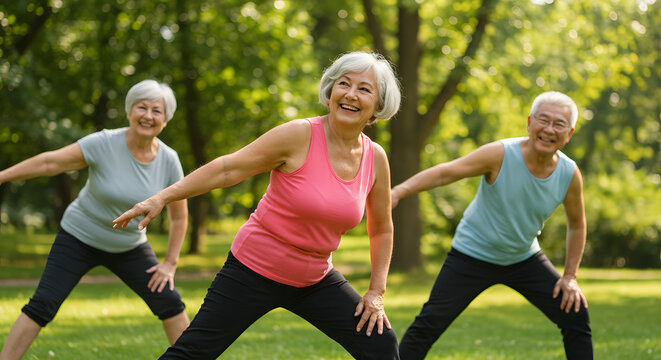 Active senior group exercising outdoors with stretching and smiling faces