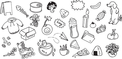 Doodle Food Items, Hand Drawn Snacks Collection, Black and White Vector, Icon Set Illustration, Transparent Background