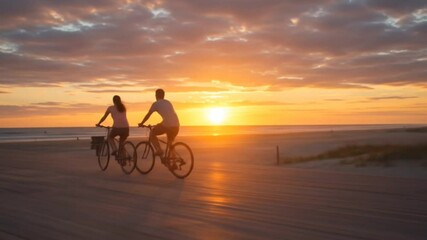 Couple riding bicycles together along beach boardwalk at golden sunset under colorful clouds. Summer freedom seamless looping 4k time-lapse animation video background
