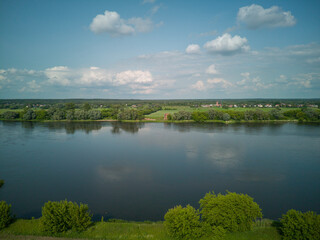 Vistula River and ruins of a medieval castle in the village of Złotoria, Poland.