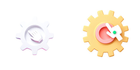 Two colorful gears with distinct designs and interactive elements.