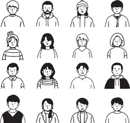  Kids Faces Pack, Boys and Girls Expressions, School Children Headshots, Line Vector, Transparent Background