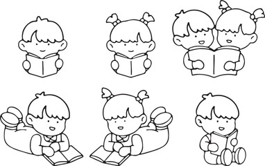 Toddler Sitting and Reading, Cute Kids, Book Illustration, Learning Concept, Outline Vector, Transparent Background
