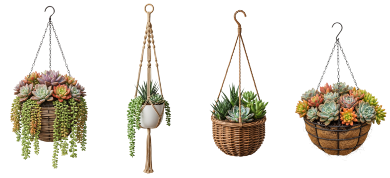 Succulents in hanging baskets arranged in various styles and colors  