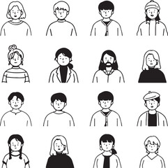 Kids Faces Collection, Black and White, Various Expressions, Cartoon Style, Simple Line Art, Transparent Background