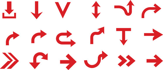 Red arrow icon set, flat vector design, curved and straight arrows, navigation symbols, direction indicators, graphic UI elements, motion arrows, isolated interface icons