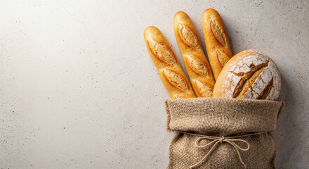 Three baguettes and a round loaf of bread sit in a burlap sack on a light gray background