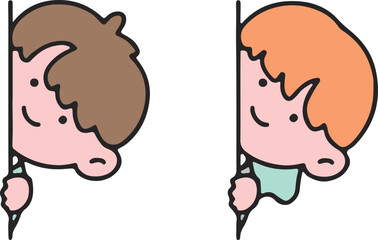  Curious Child Peeking, Hiding Behind Wall, Cute Kid Character, Playful Pose, Colored Vector, Transparent Background