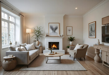 Cozy and elegant living room interior with a fireplace and modern minimalist decor