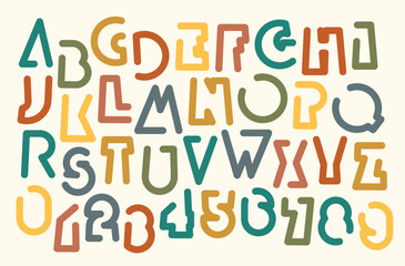 Set of letter outlines simple, thick, humorous geometric letter shape font with holiday and party theme. Children's book, cartoons, credits. Latin alphabet letters and numbers. No AI used