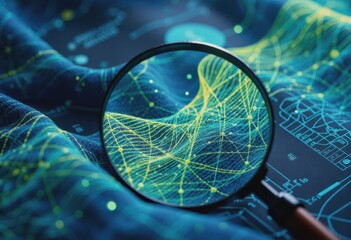 Technical textile under a magnifying glass revealing intricate diagrams