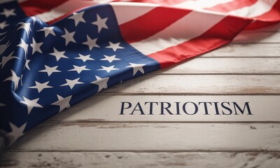 Fototapeta premium American flag draped on wooden surface with patriotism text
