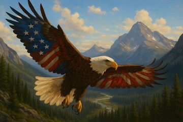 American bald eagle flying over mountains patriotic art usa