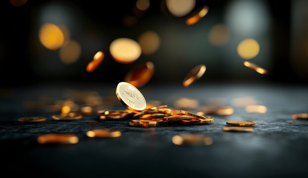 Golden Coins Falling on Dark Surface with Blurred Background for Finance and Investment Concepts