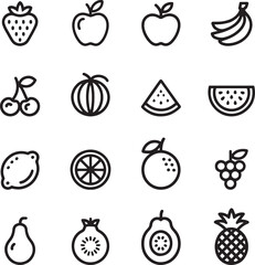 Collection of Fresh Fruit Line Icons Apples, Bananas, Strawberries, and More, Summer Fruits Collection