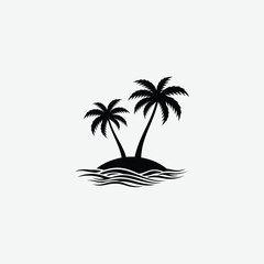Stylized palm tree silhouette on island with black waves. Flat, minimal, tropical vector perfect for beach, vacation, or summer designs. Bold, graphic, and symbolic in black and white.