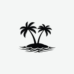 Stylized palm tree silhouette on island with black waves. Flat, minimal, tropical vector perfect for beach, vacation, or summer designs. Bold, graphic, and symbolic in black and white.