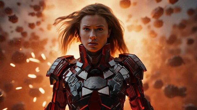 Action shot with woman in the sci-fi battle scene, superhero surrounded by sparkles. Dynamic scene in action movie blockbuster style